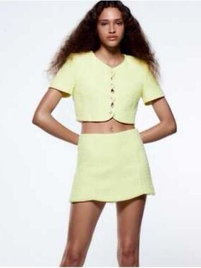Zara Cropped Button-Front Mini Skirt Set in Pale Yellow